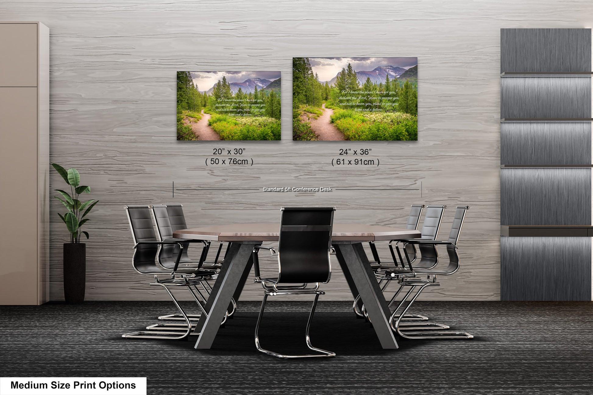 a dining room table with chairs and two pictures on the wall