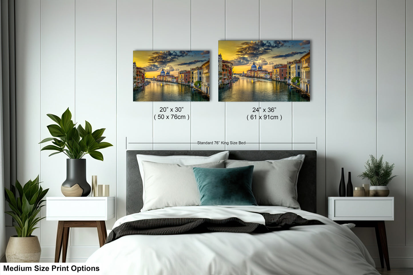 a bed room with a neatly made bed and two pictures on the wall