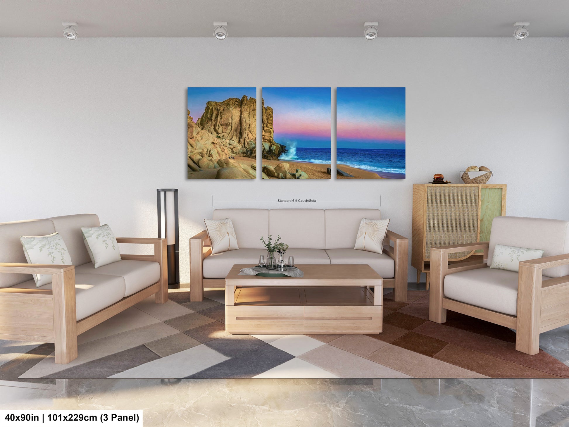 a living room filled with furniture and a painting on the wall