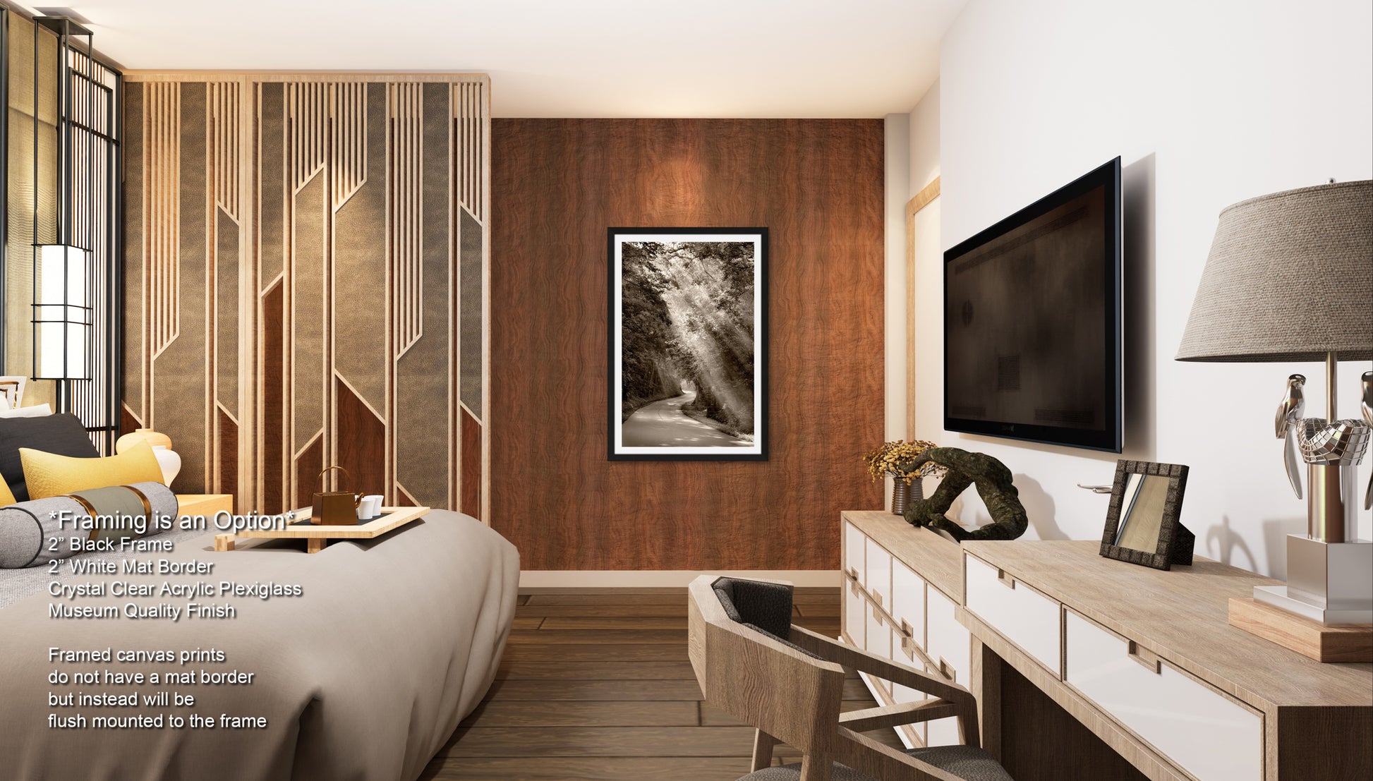 a bed room with a neatly made bed and a flat screen tv