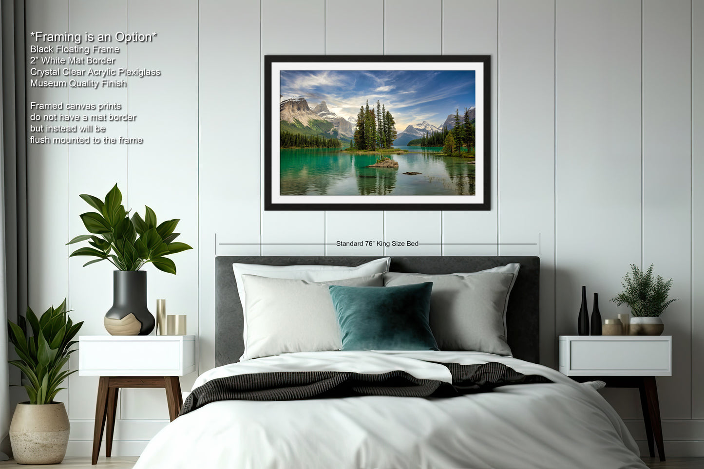 a bedroom with a bed and a picture hanging on the wall