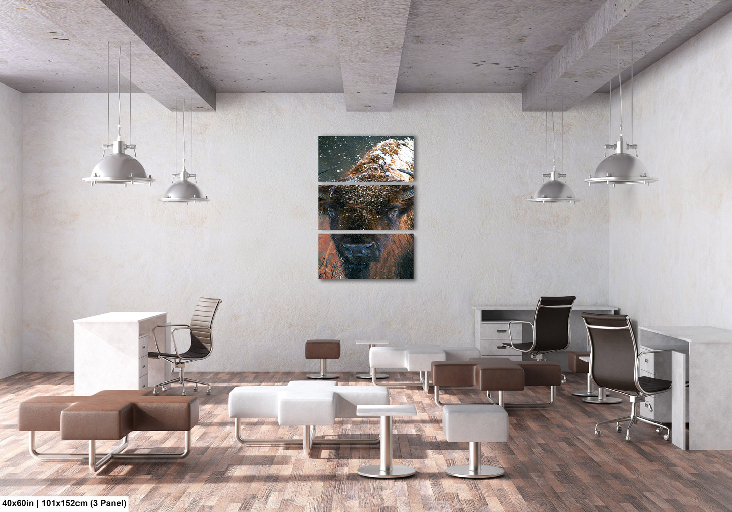 a room filled with lots of chairs and a painting on the wall