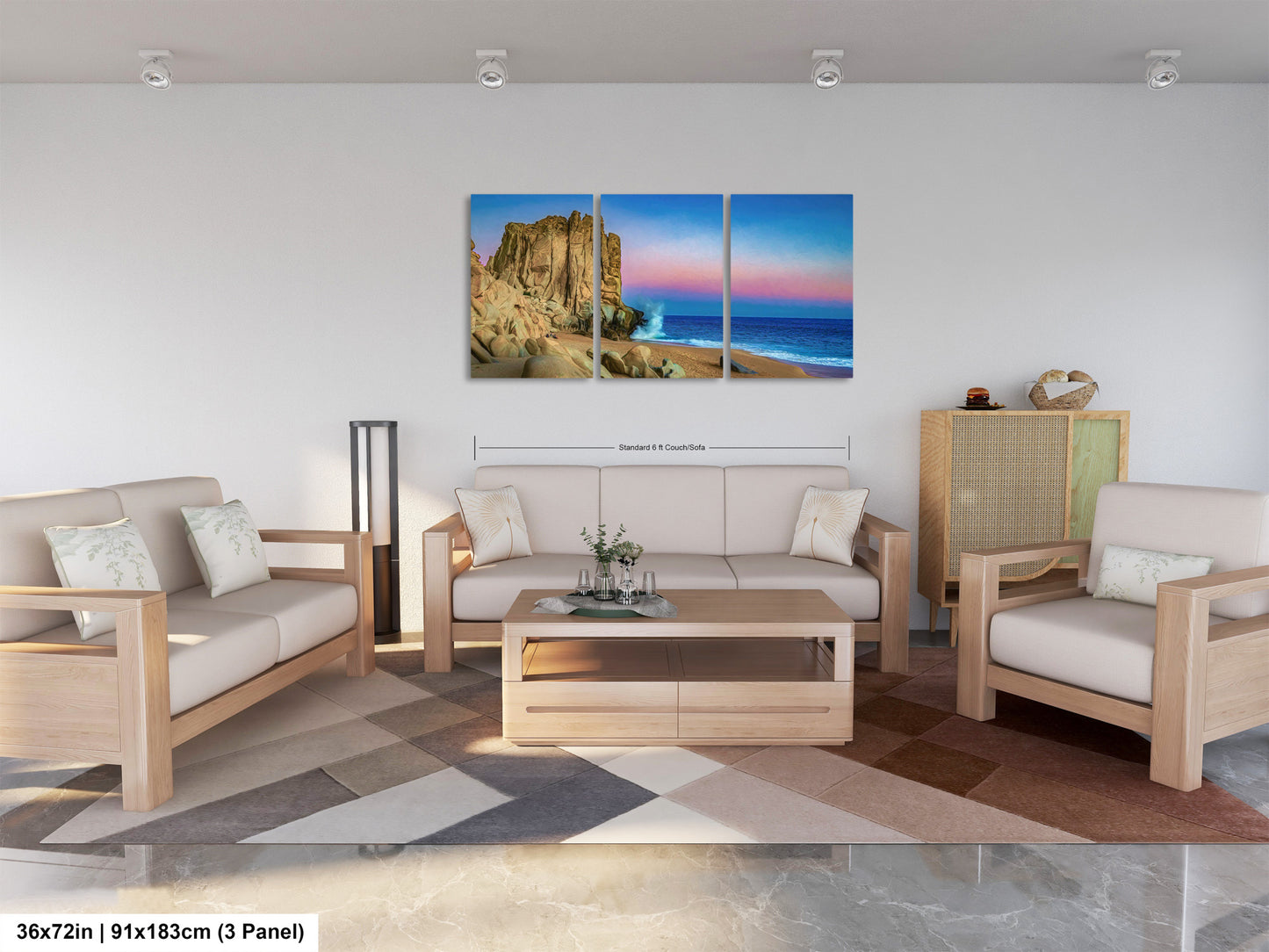 a living room filled with furniture and a painting on the wall