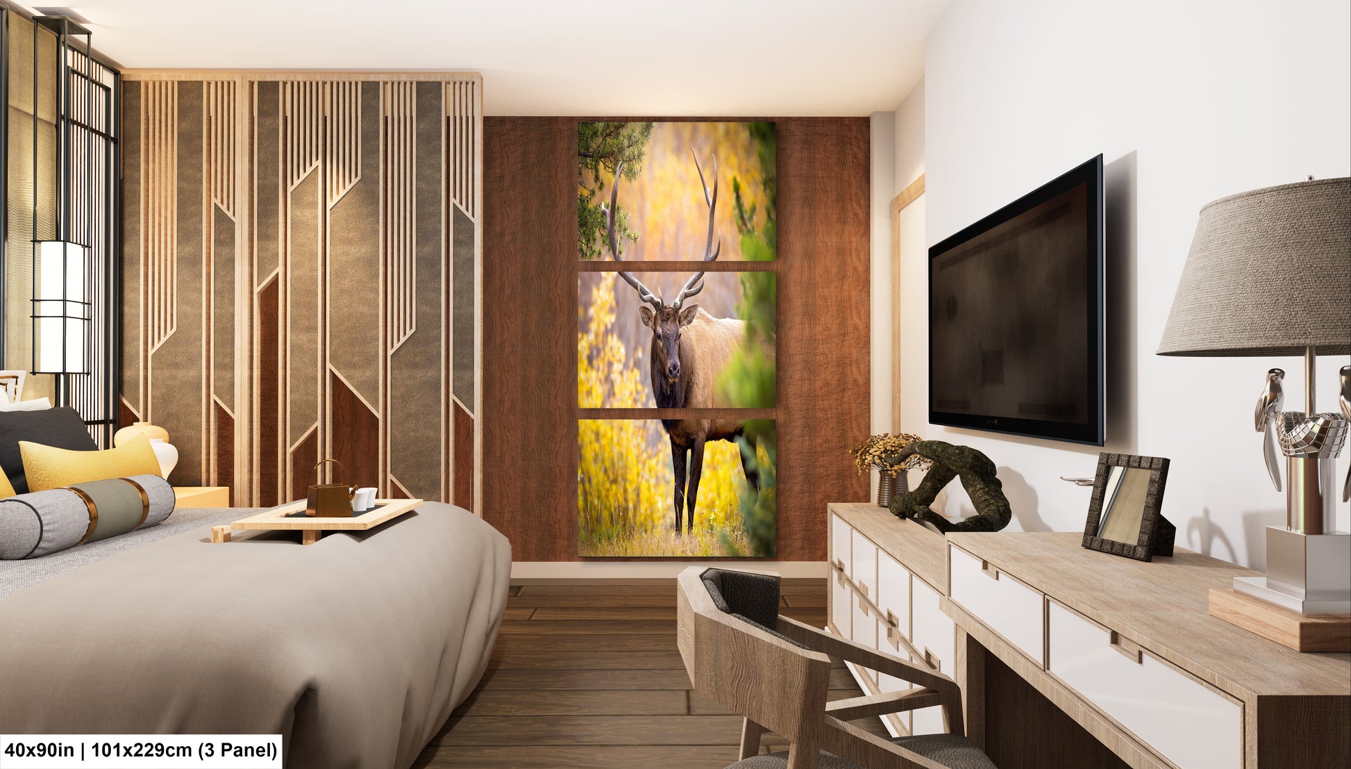 a bed room with a neatly made bed and a painting on the wall