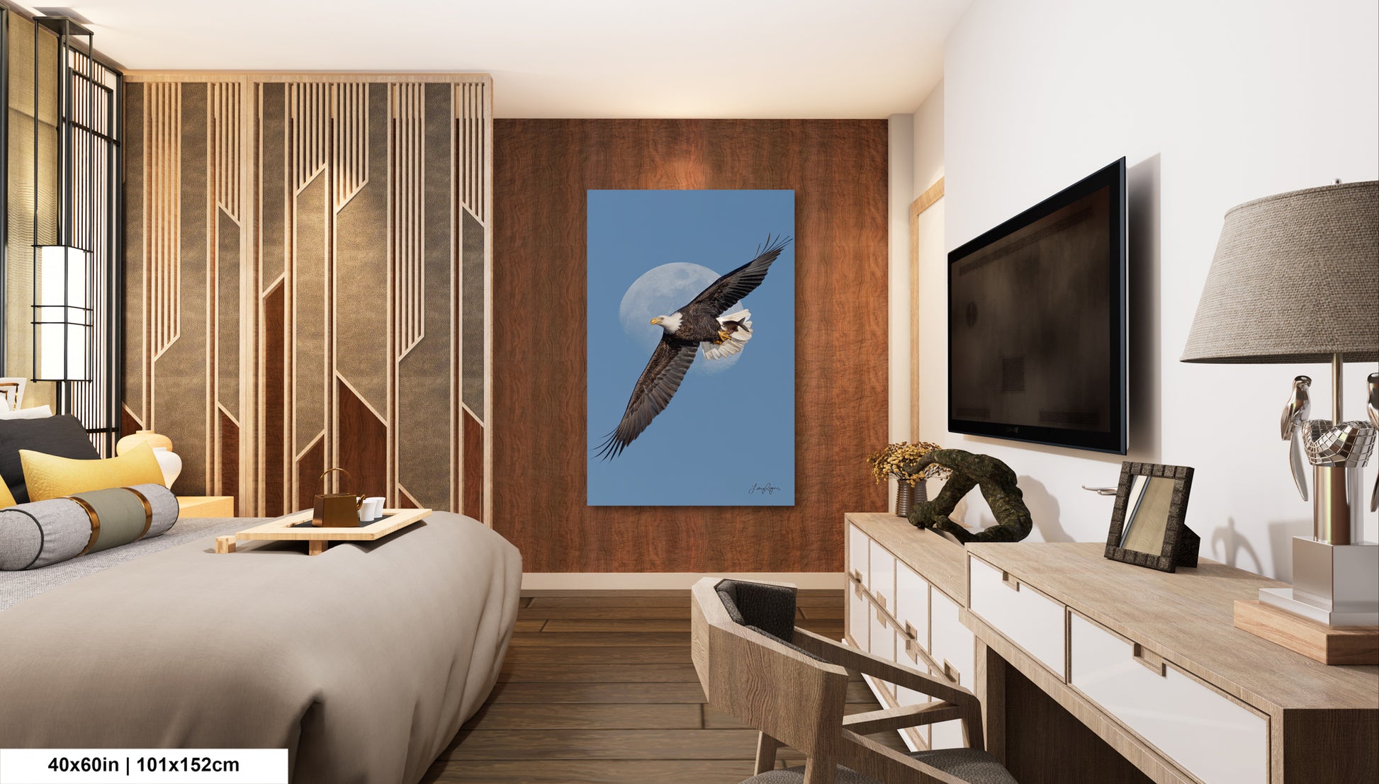 a modern bedroom with a large bed, a television, and a wooden dresser. The room has a minimalist and contemporary design, with a large painting of a bald eagle in flight hanging on the wall.