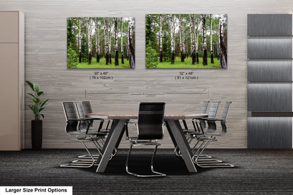 a dining room table with chairs and two pictures of trees on the wall