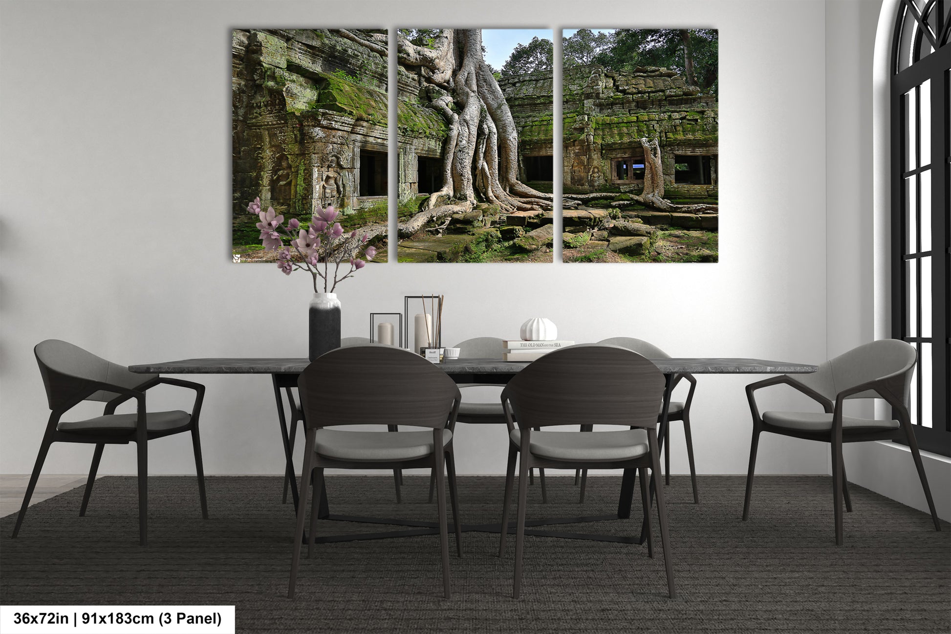a dining room with a table and chairs