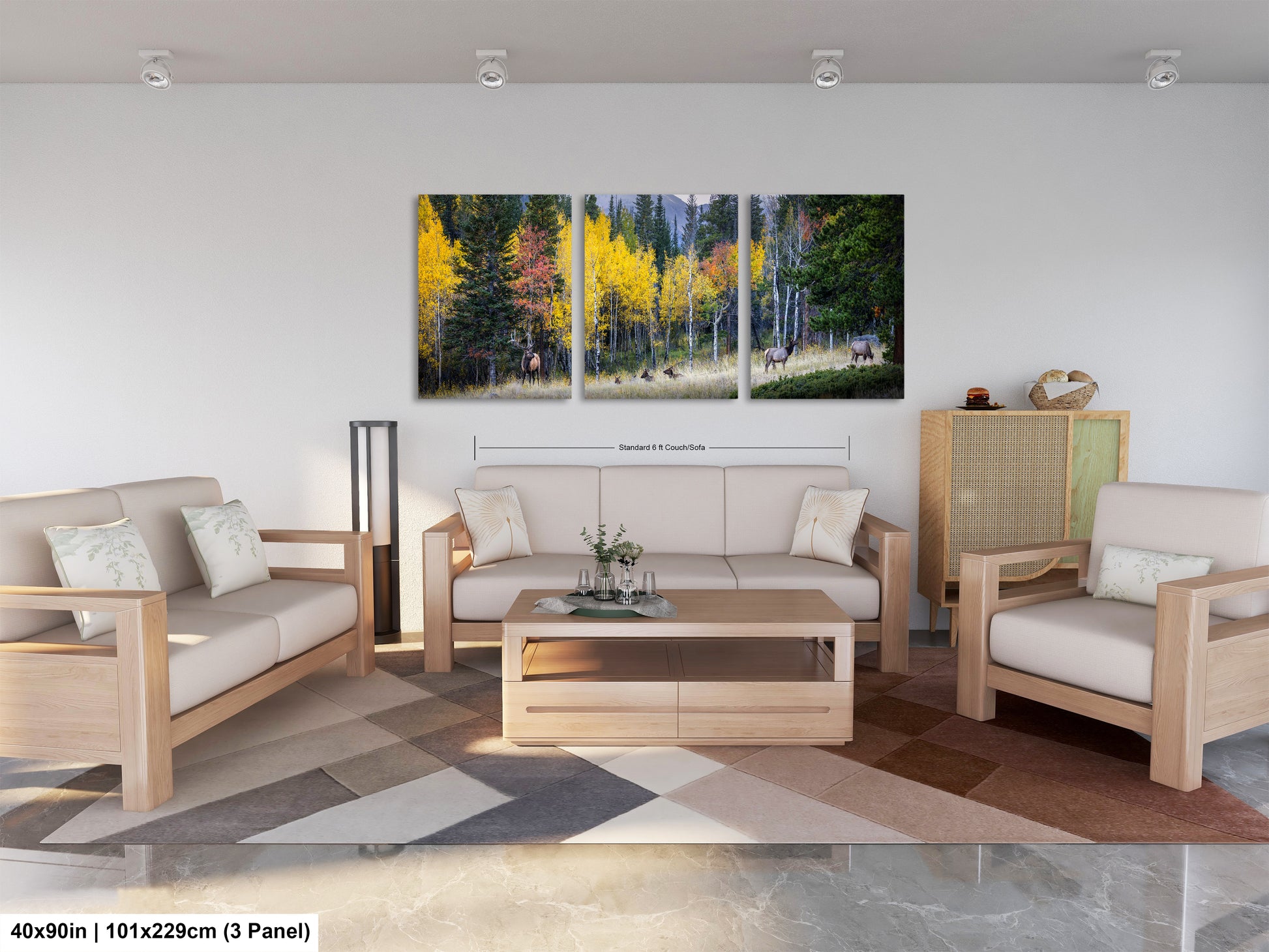 a living room filled with furniture and a painting on the wall