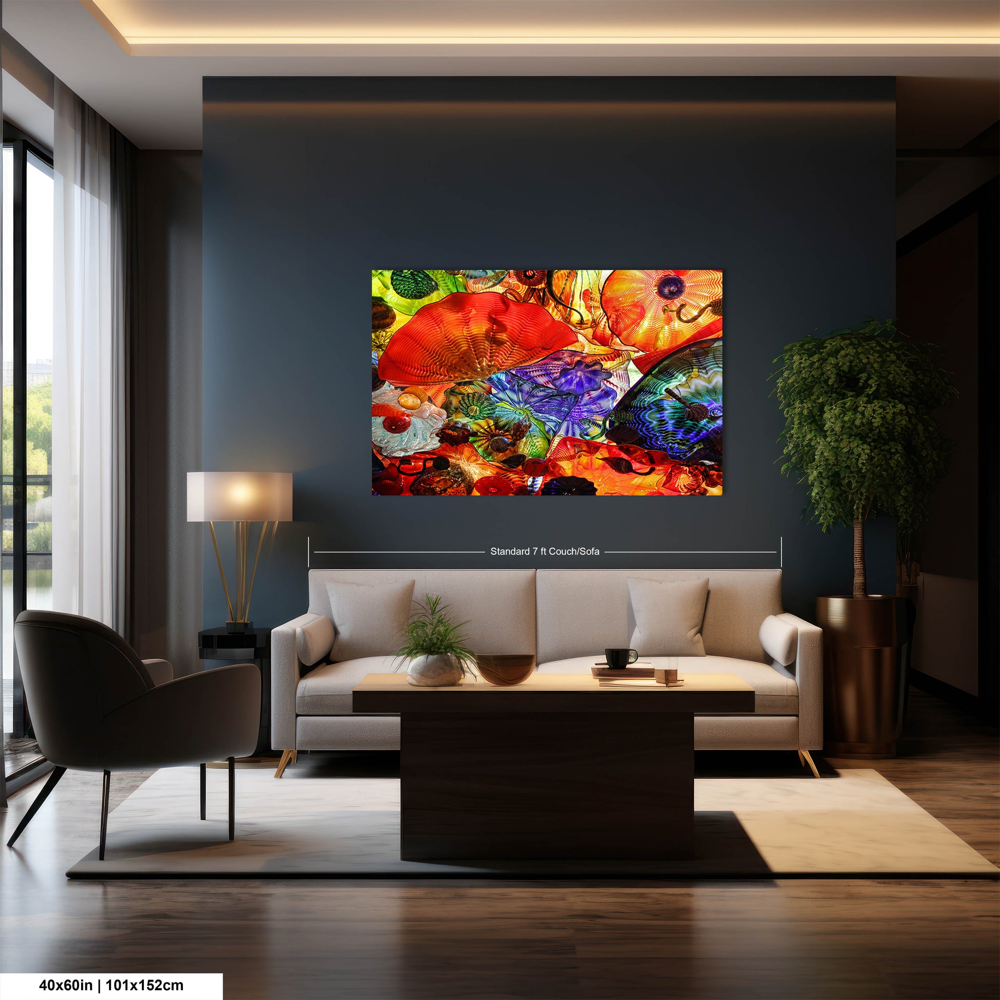 a living room filled with furniture and a painting on the wall