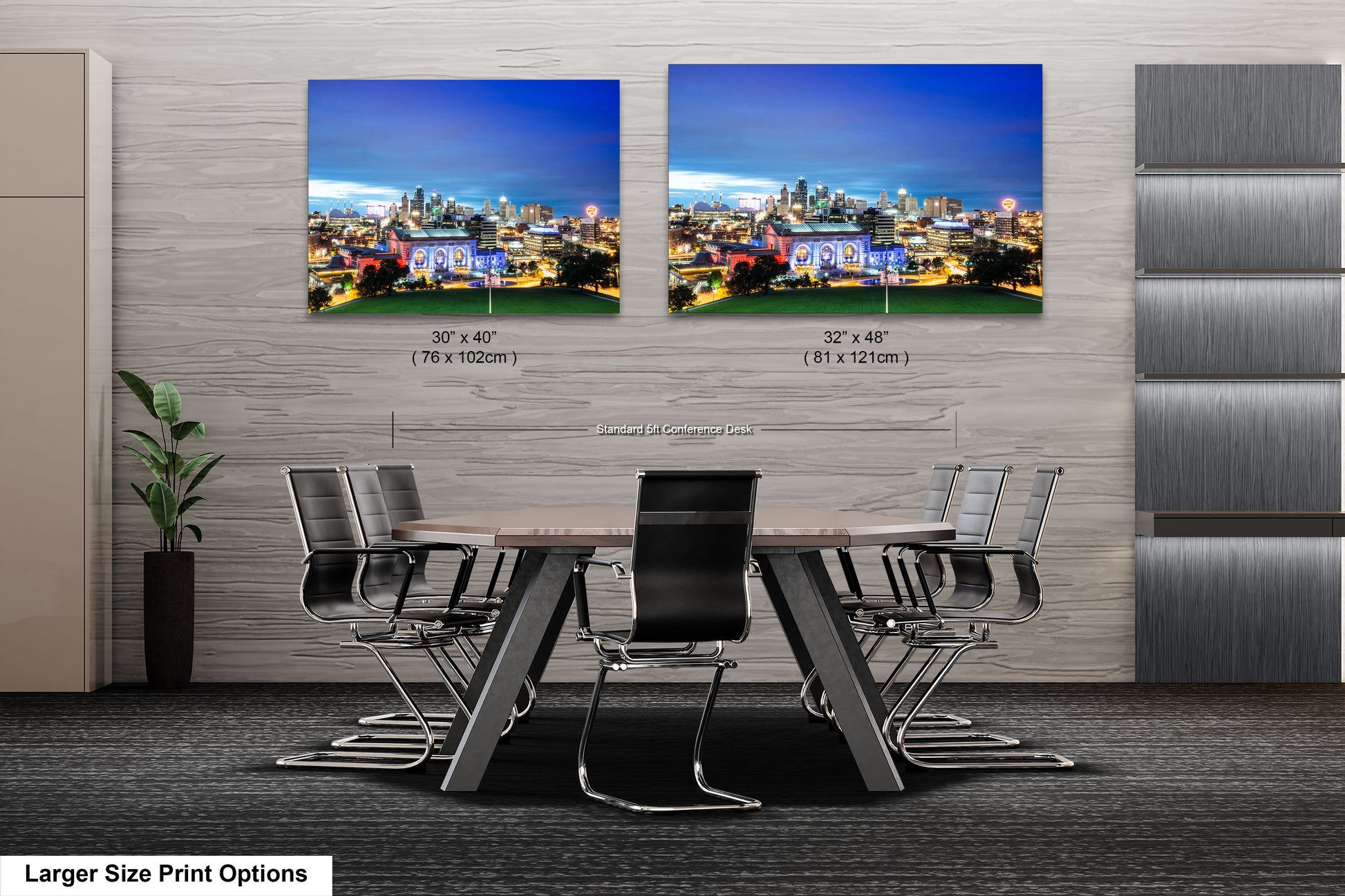 a dining room table with chairs and a picture of a city