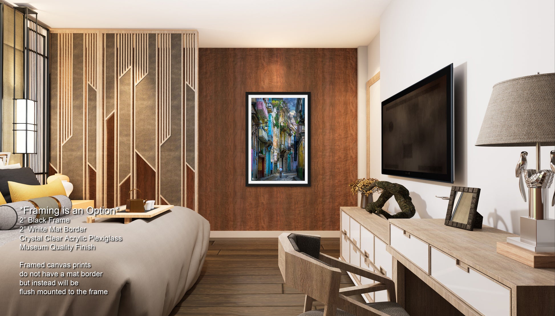 a bed room with a neatly made bed and a flat screen tv