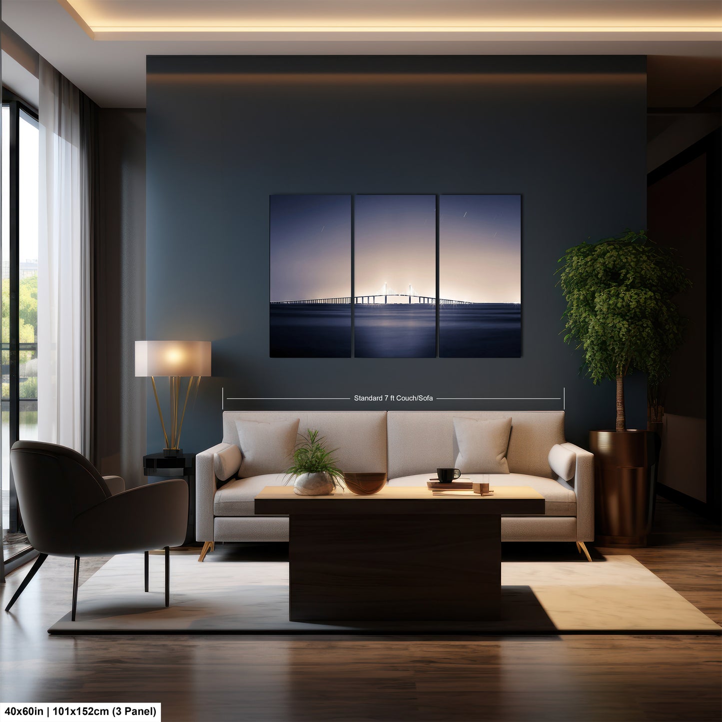 a living room with a couch a table and a painting on the wall