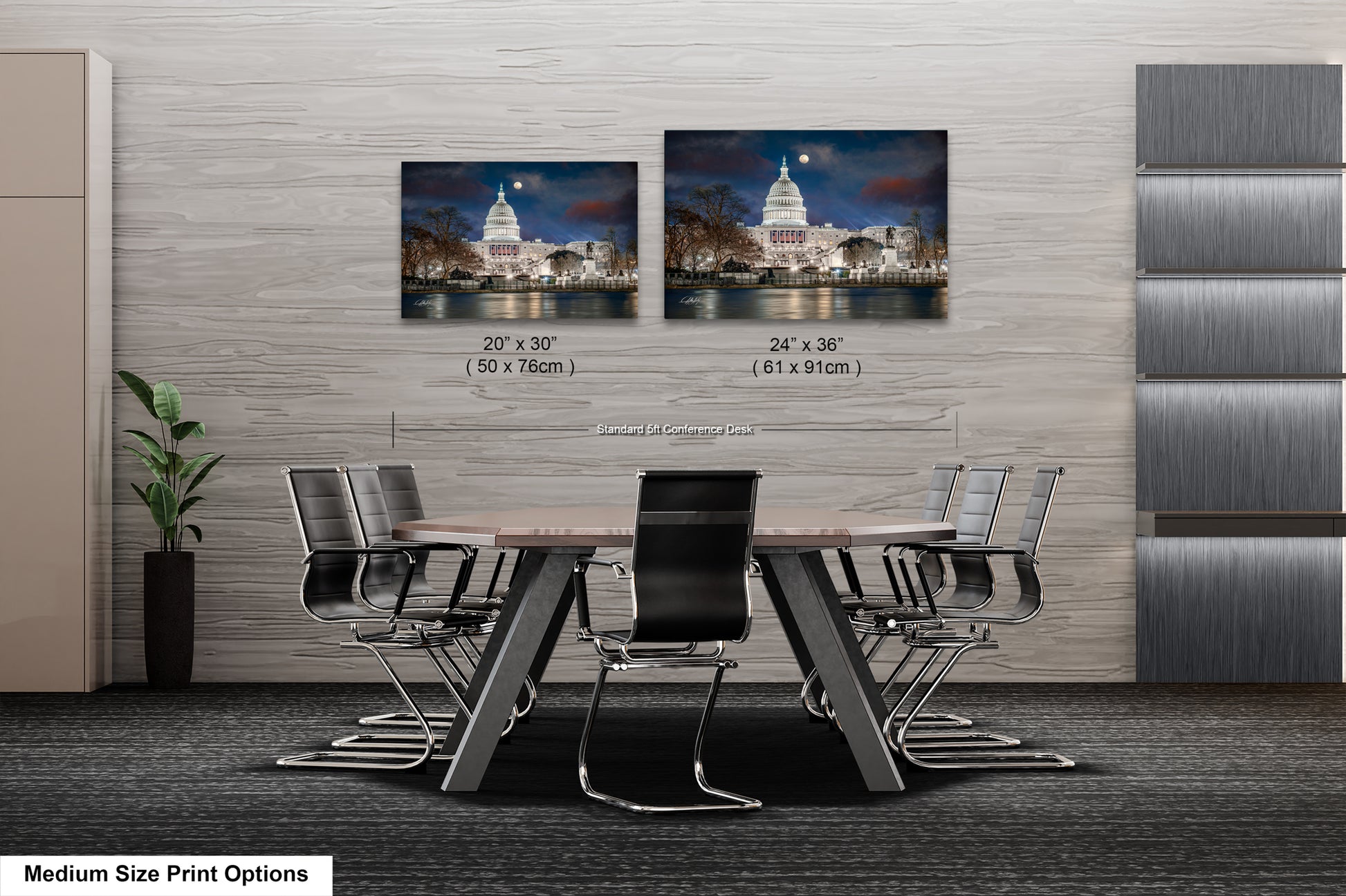 a dining room table with chairs next to a wall with a picture of a city