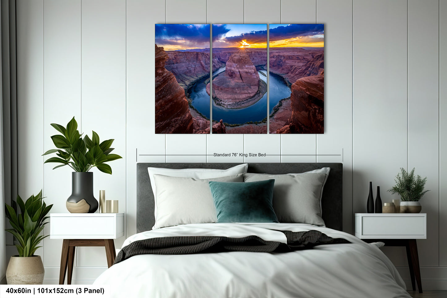 a bed room with a neatly made bed and a painting on the wall