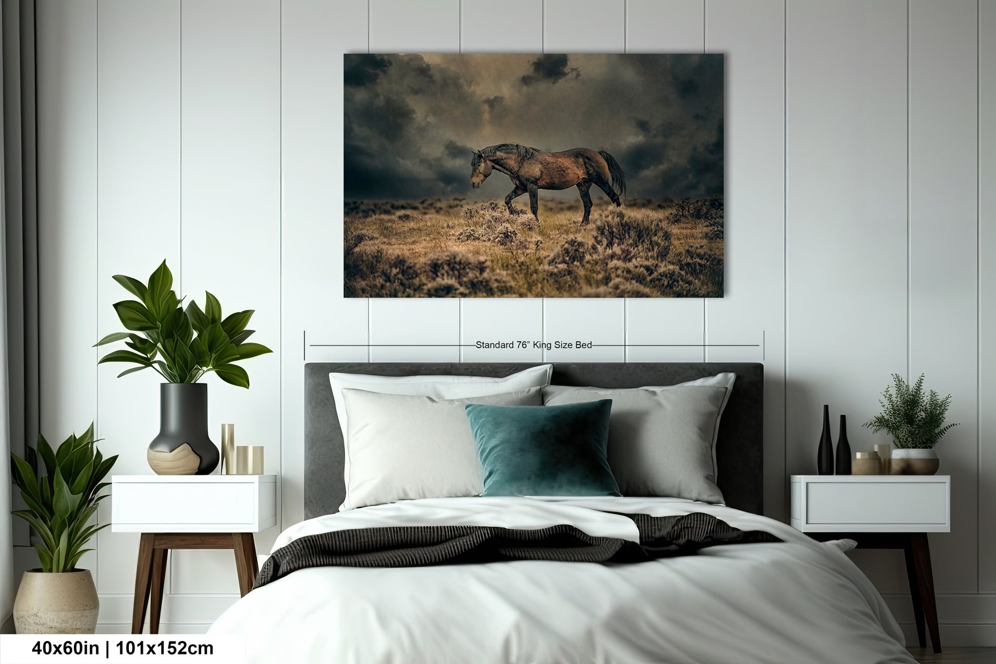 a horse standing in a field under a cloudy sky