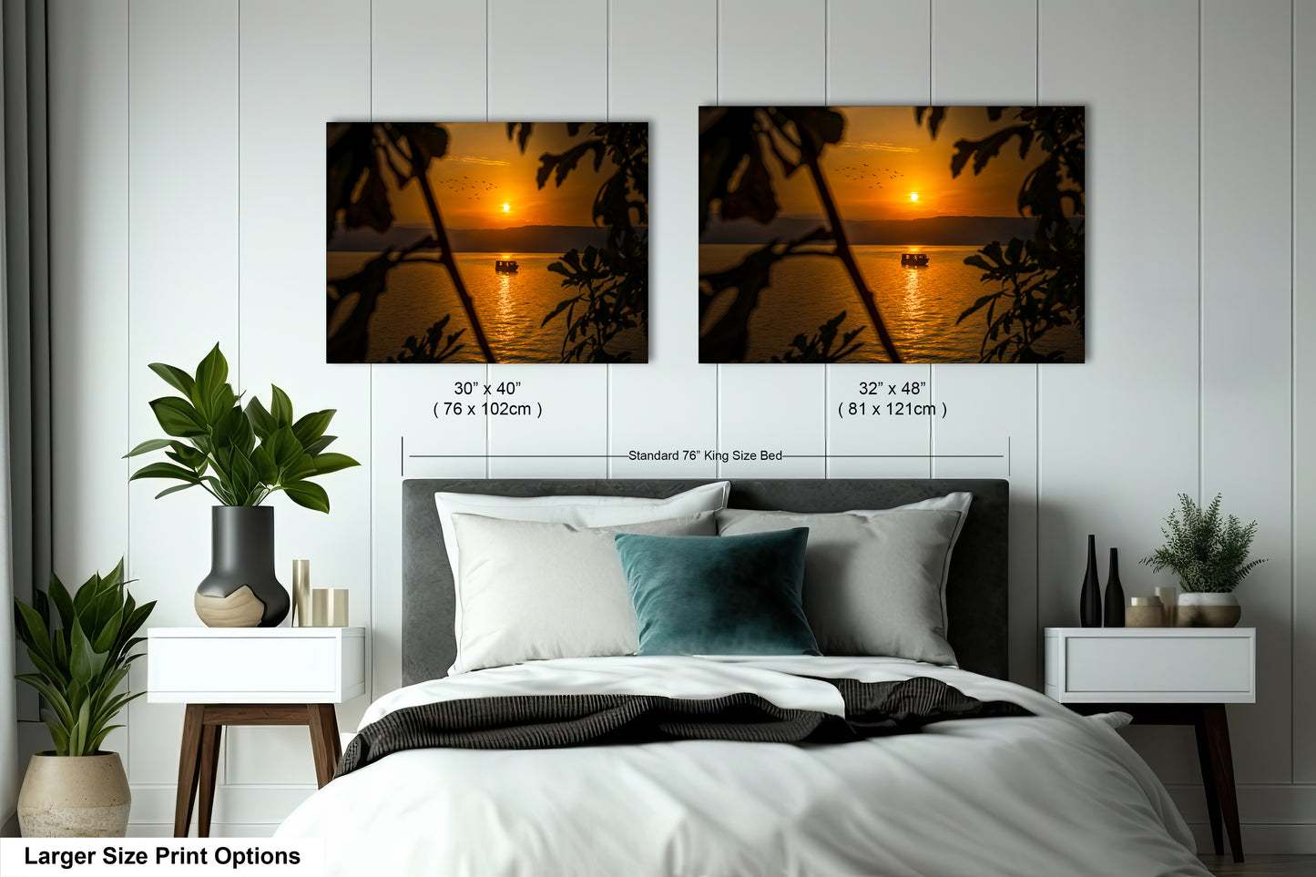 a bedroom with a bed and two pictures on the wall