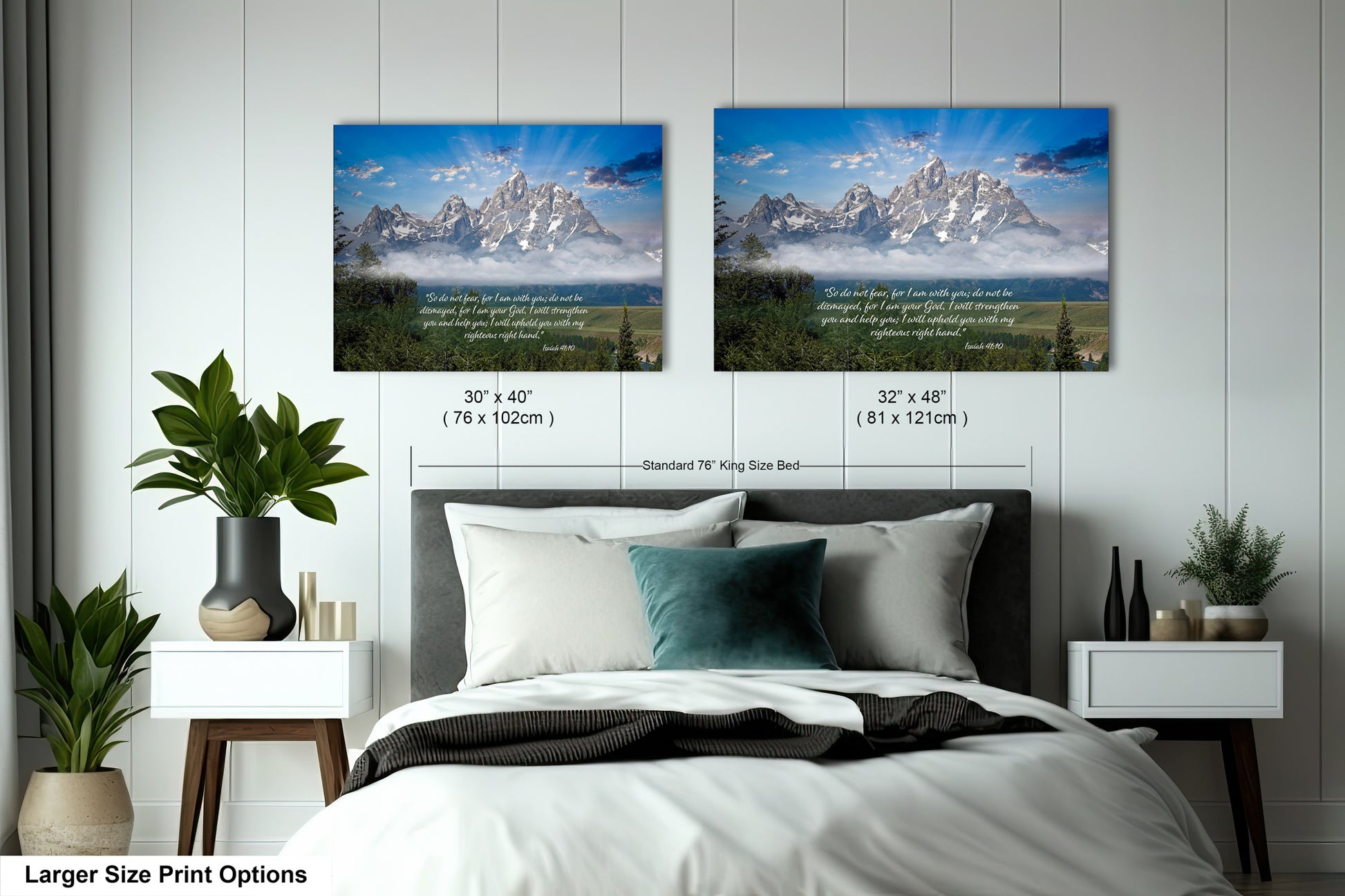 a bedroom with a bed and two pictures on the wall