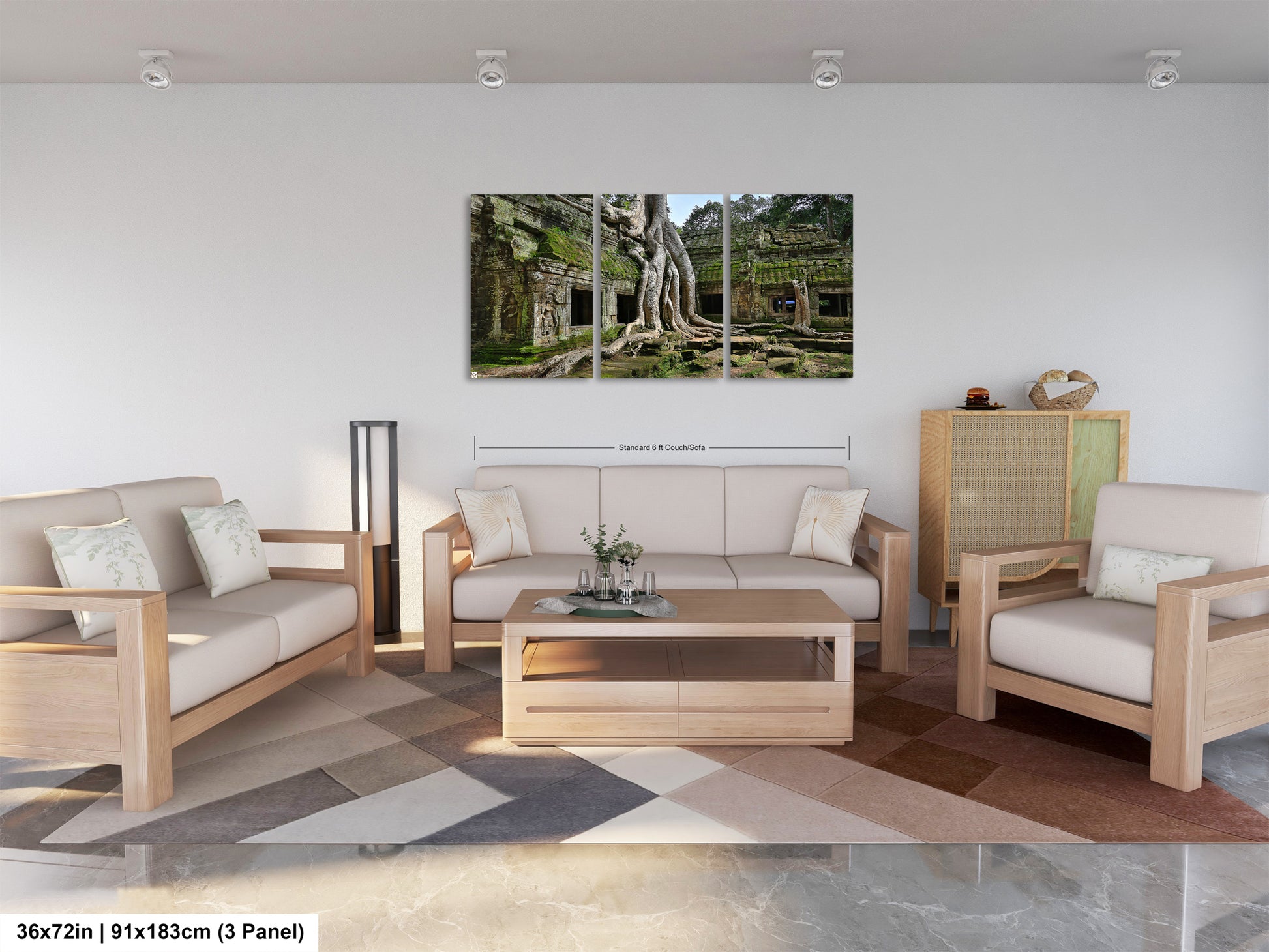 a living room filled with furniture and a painting on the wall