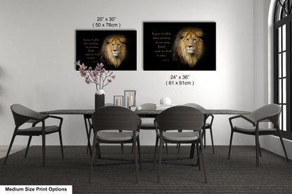 a dining room table with chairs and a lion picture on the wall