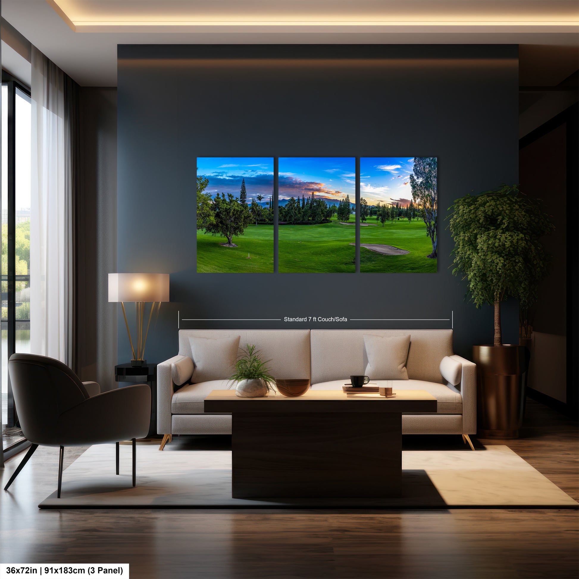 a living room filled with furniture and a painting on the wall