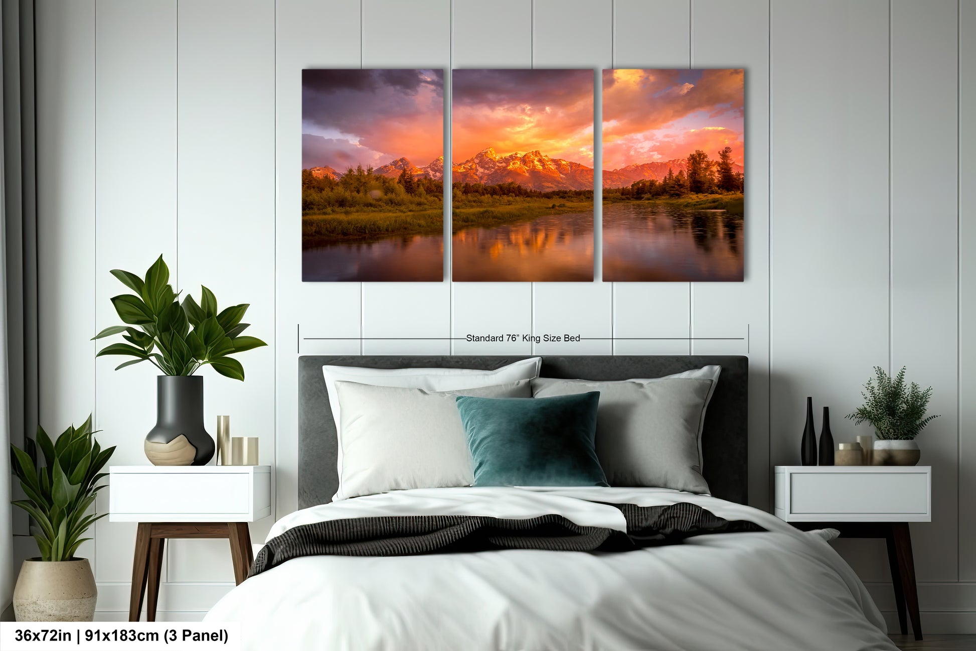 a bedroom scene with a bed and two paintings on the wall
