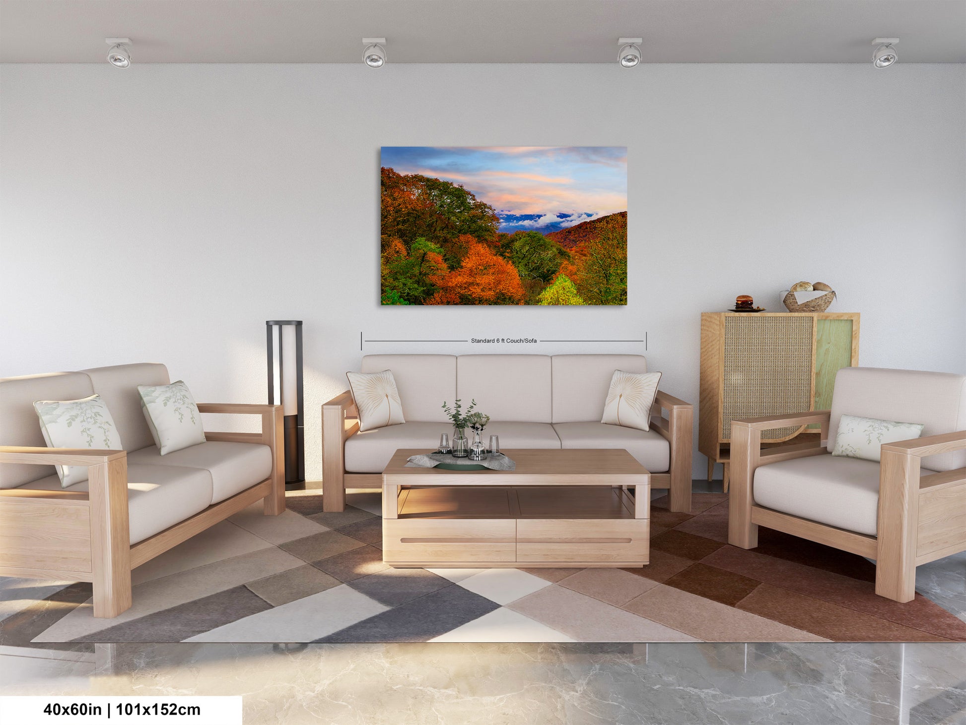 a living room filled with furniture and a painting on the wall