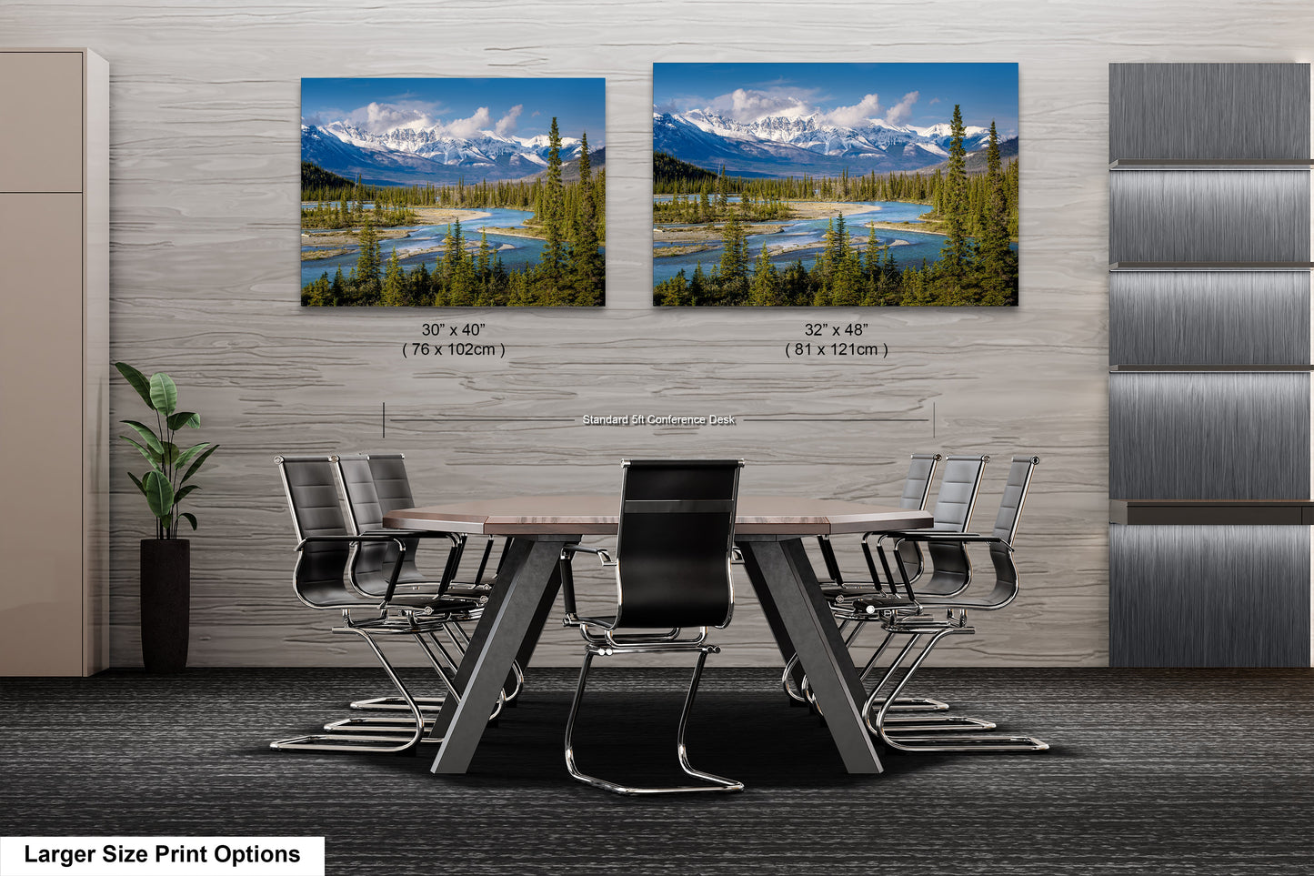 a dining room table with chairs and two pictures on the wall