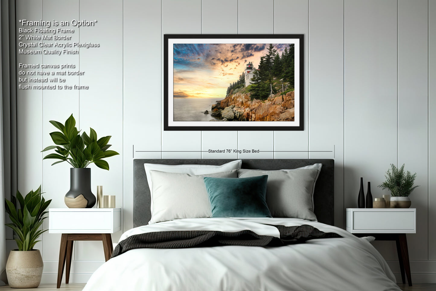 a bedroom with a bed and a picture hanging on the wall