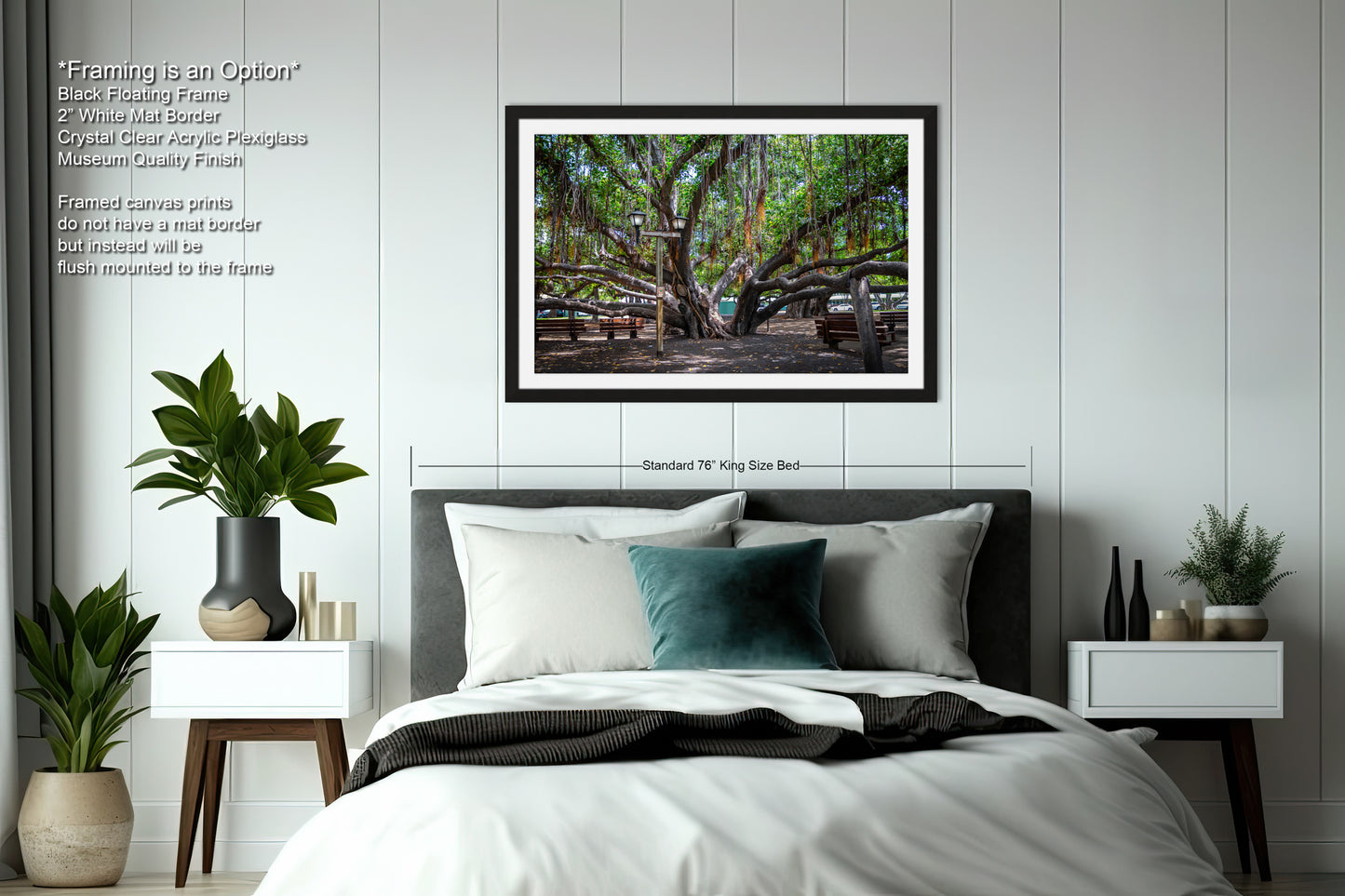 a bedroom with a bed and a picture hanging on the wall