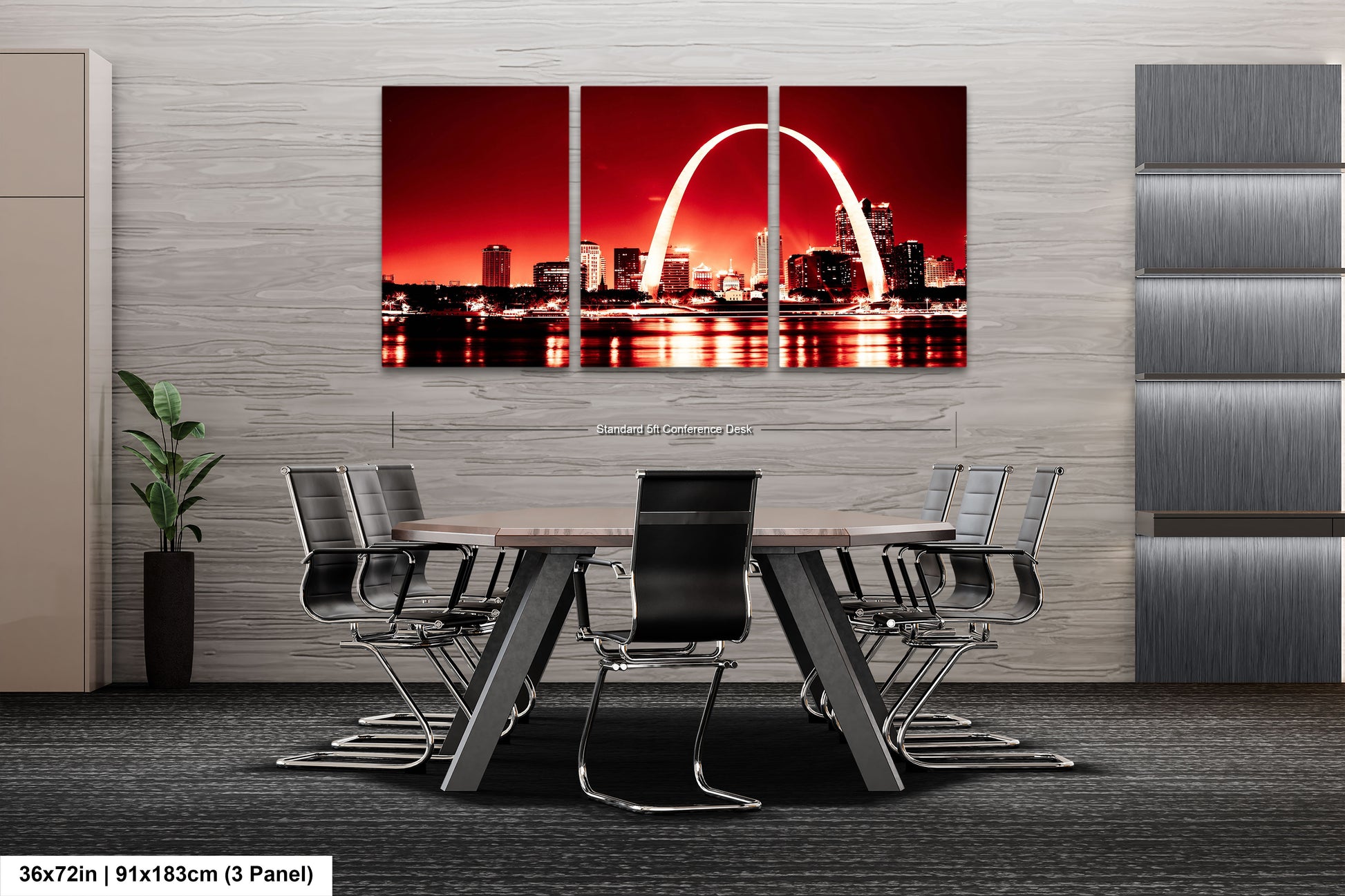 a dining room table with a view of the st louis skyline