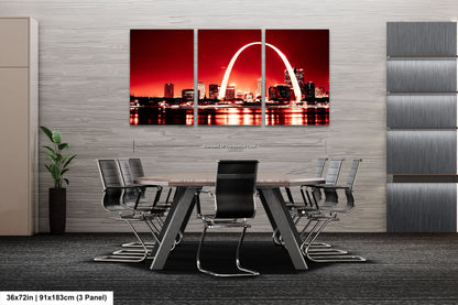 a dining room table with a view of the st louis skyline