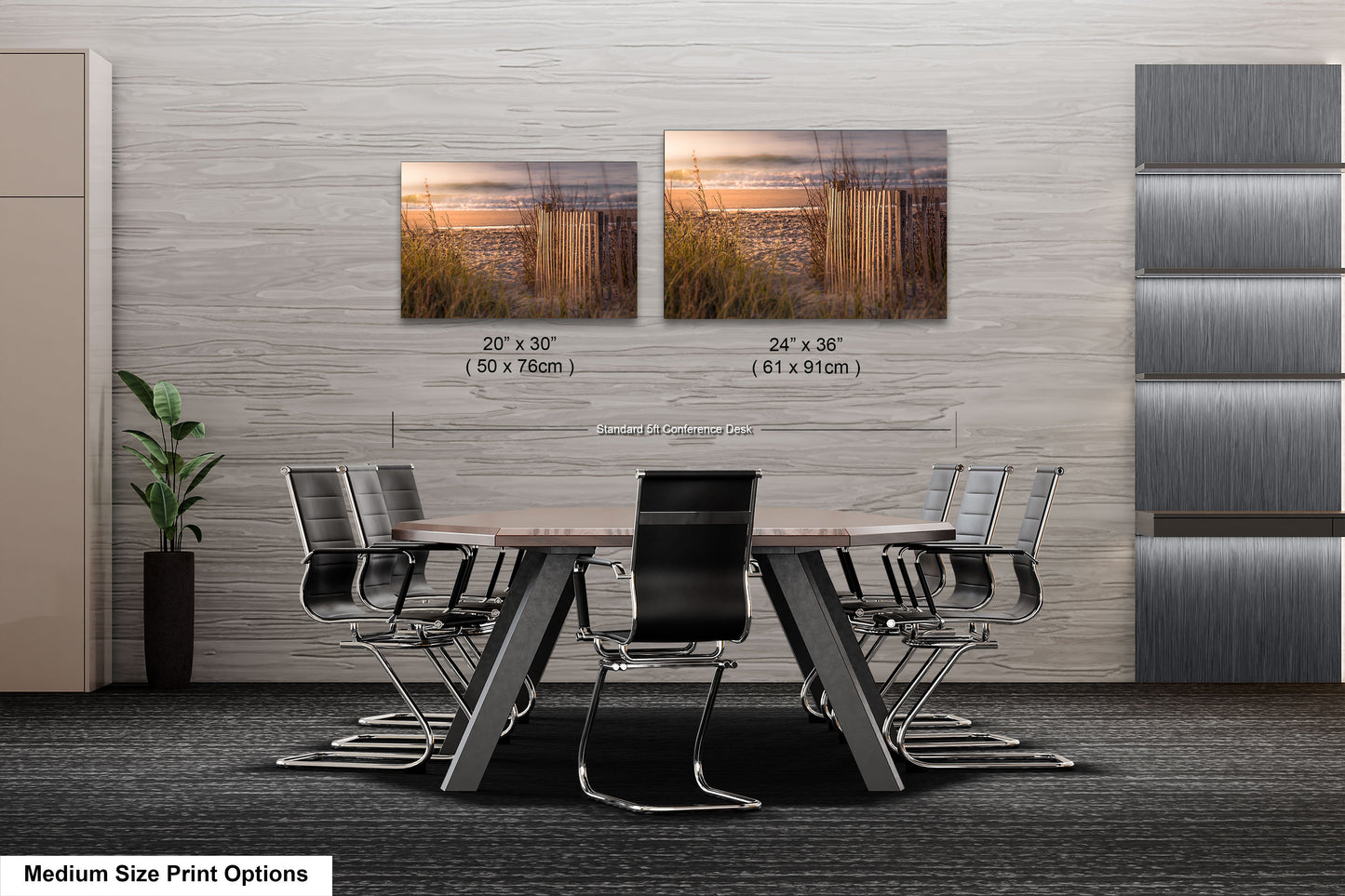 a dining room table with chairs next to a wall with pictures on it