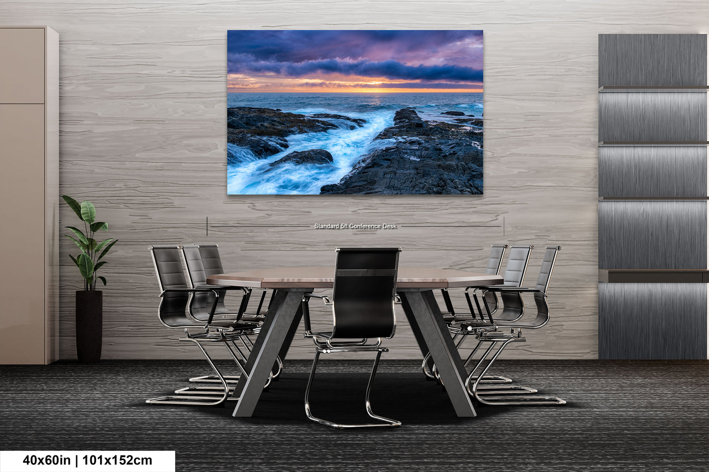 a dining room table with chairs and a painting on the wall
