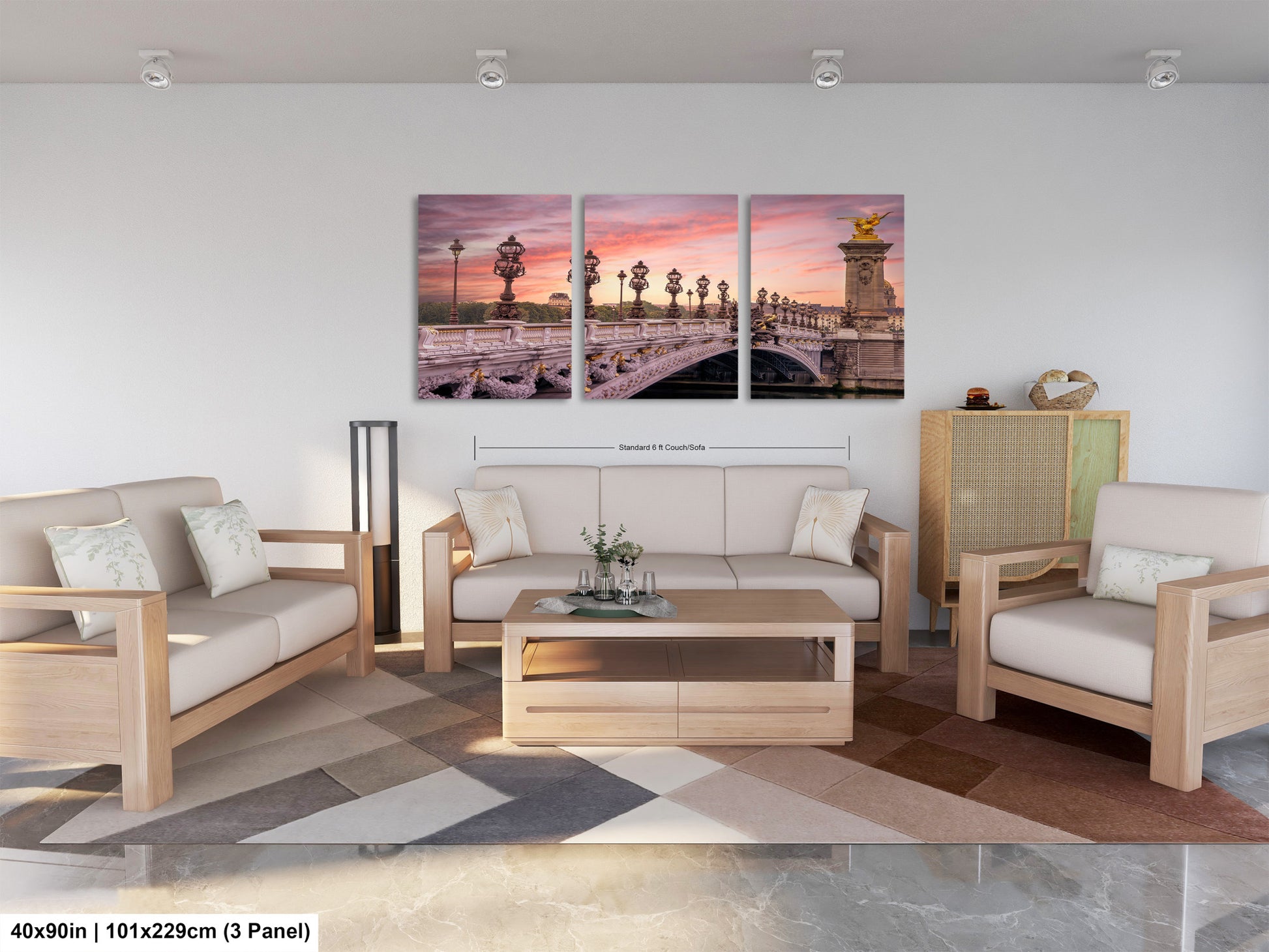 a living room filled with furniture and a painting on the wall
