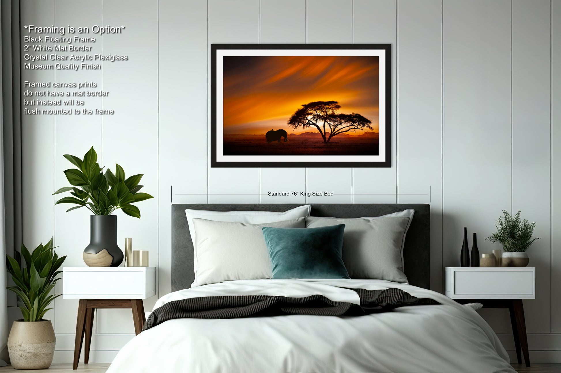a bedroom with a bed and a picture on the wall