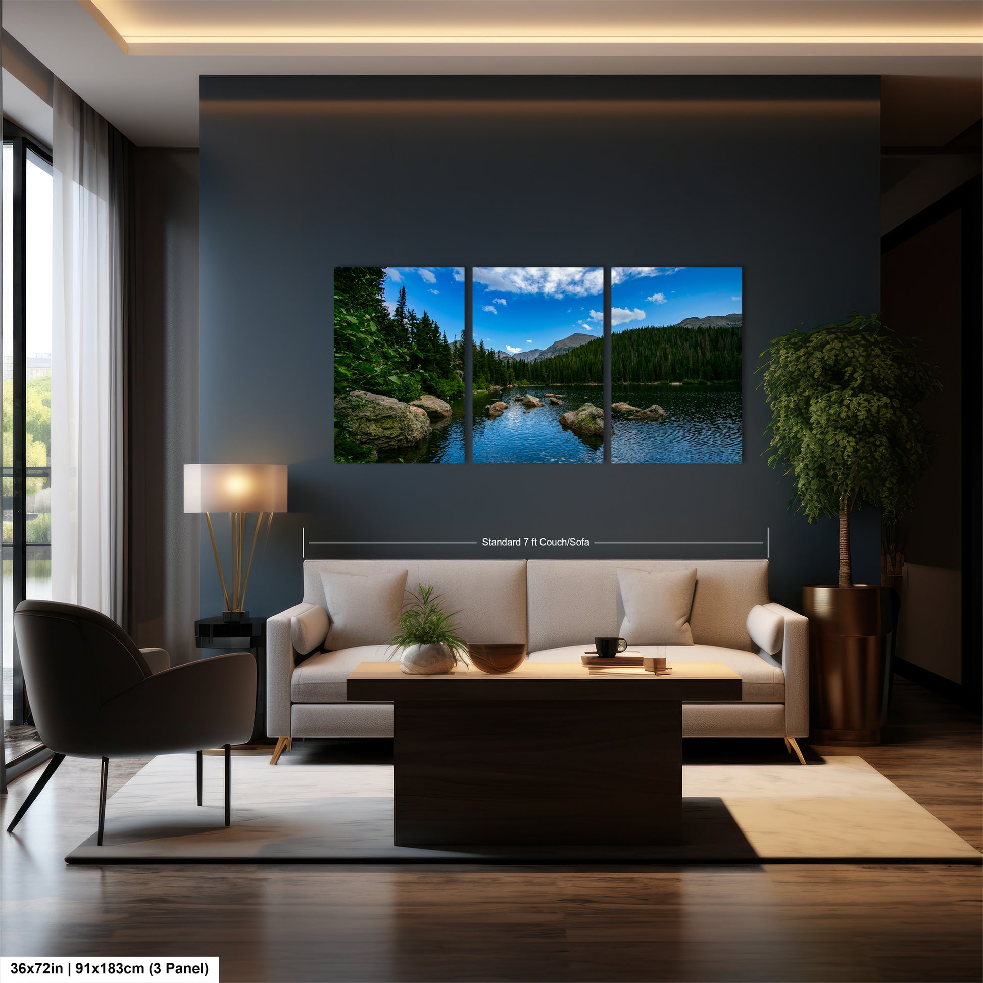 A modern living room with a large wall-mounted painting depicting a serene landscape with a lake and mountains. The painting is framed in a standard 7' x 8' CouchCoat.