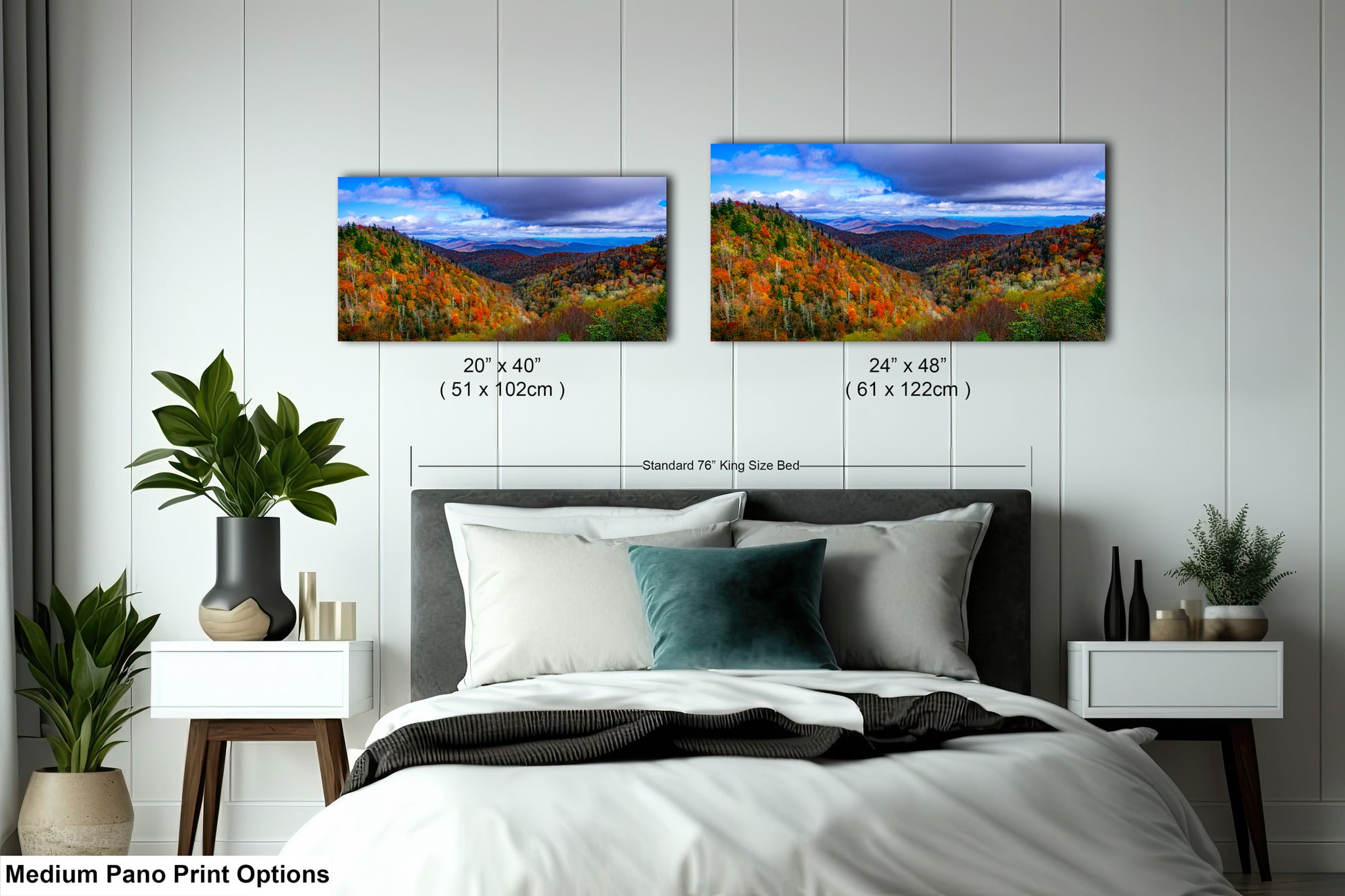 a bedroom with a bed and two pictures on the wall