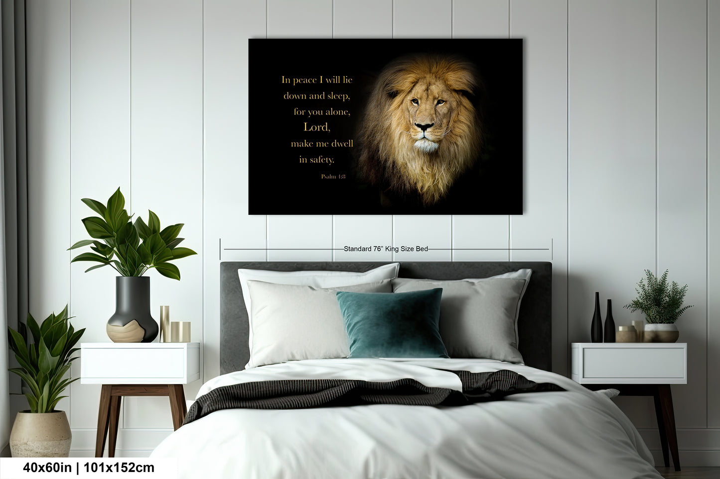 a picture of a lion on a wall above a bed