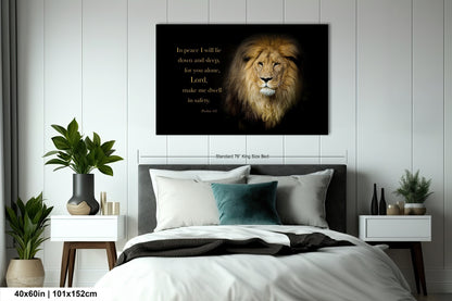 a picture of a lion on a wall above a bed