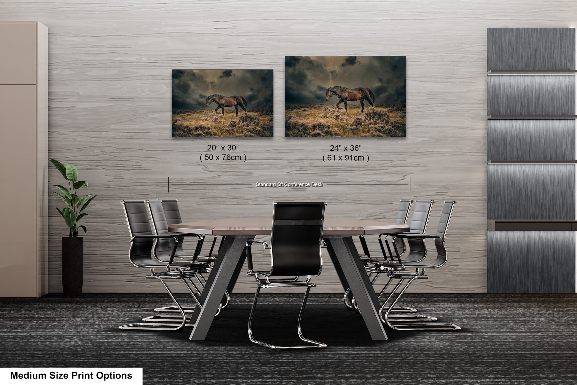 a dining room table with chairs and two pictures of horses on the wall
