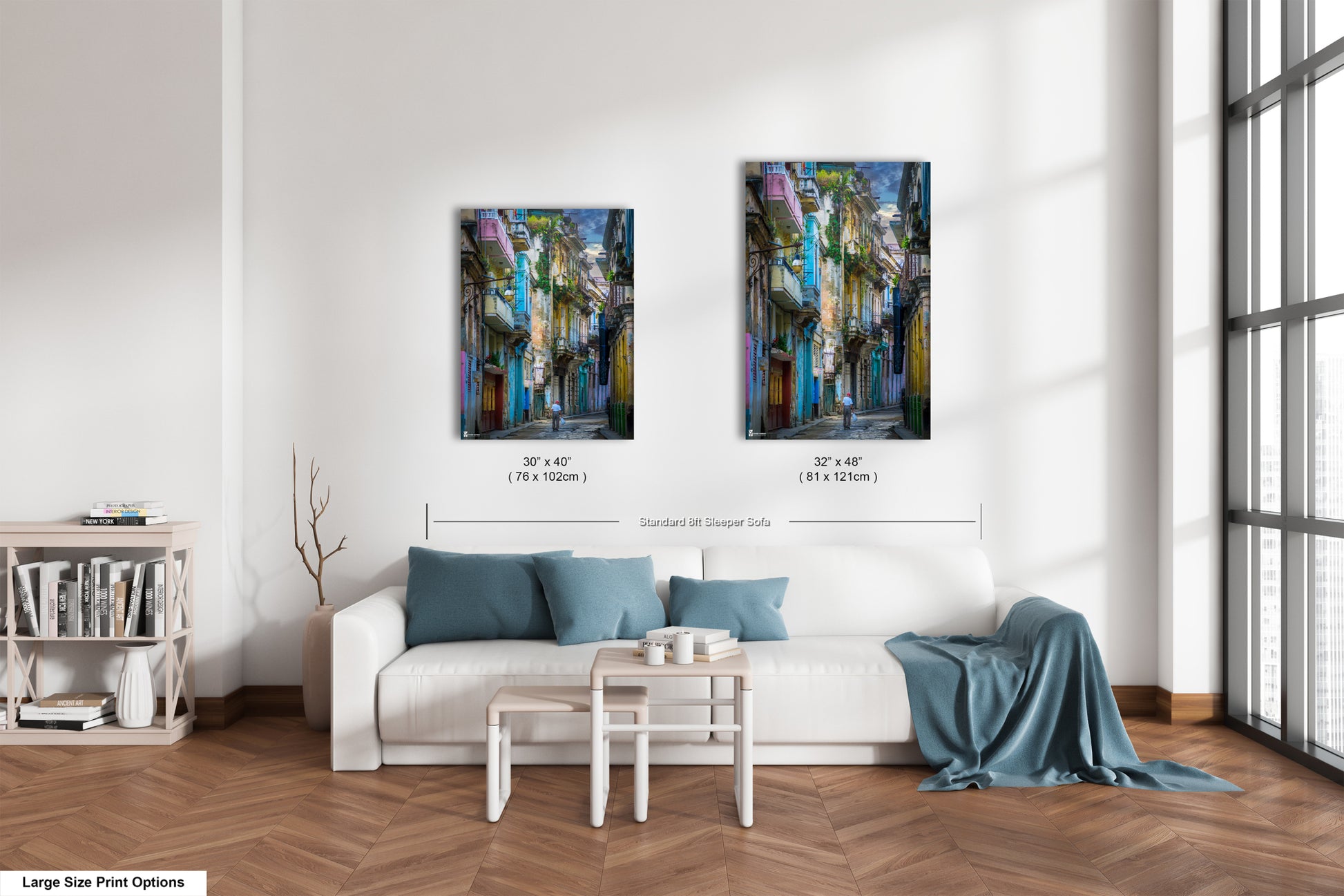 a living room with two paintings on the wall