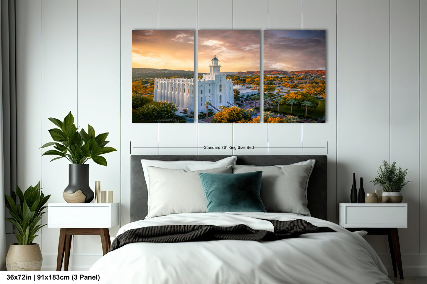a bedroom with a large bed and a white wall