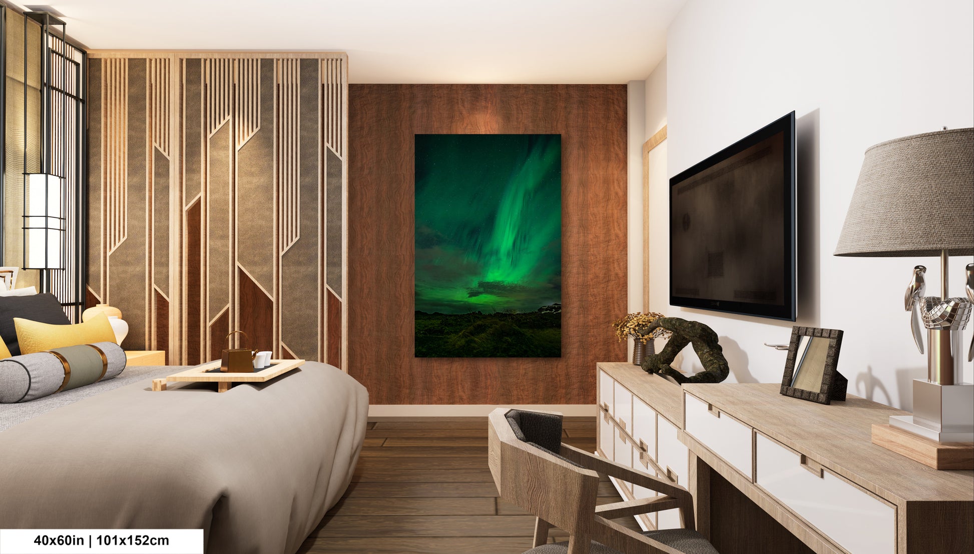 a modern bedroom with a large bed, a wooden dresser, and a large painting of the Aurora Borealis ( Aurora ) on the wall.