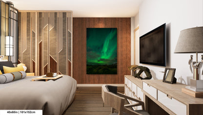 a modern bedroom with a large bed, a wooden dresser, and a large painting of the Aurora Borealis ( Aurora ) on the wall.