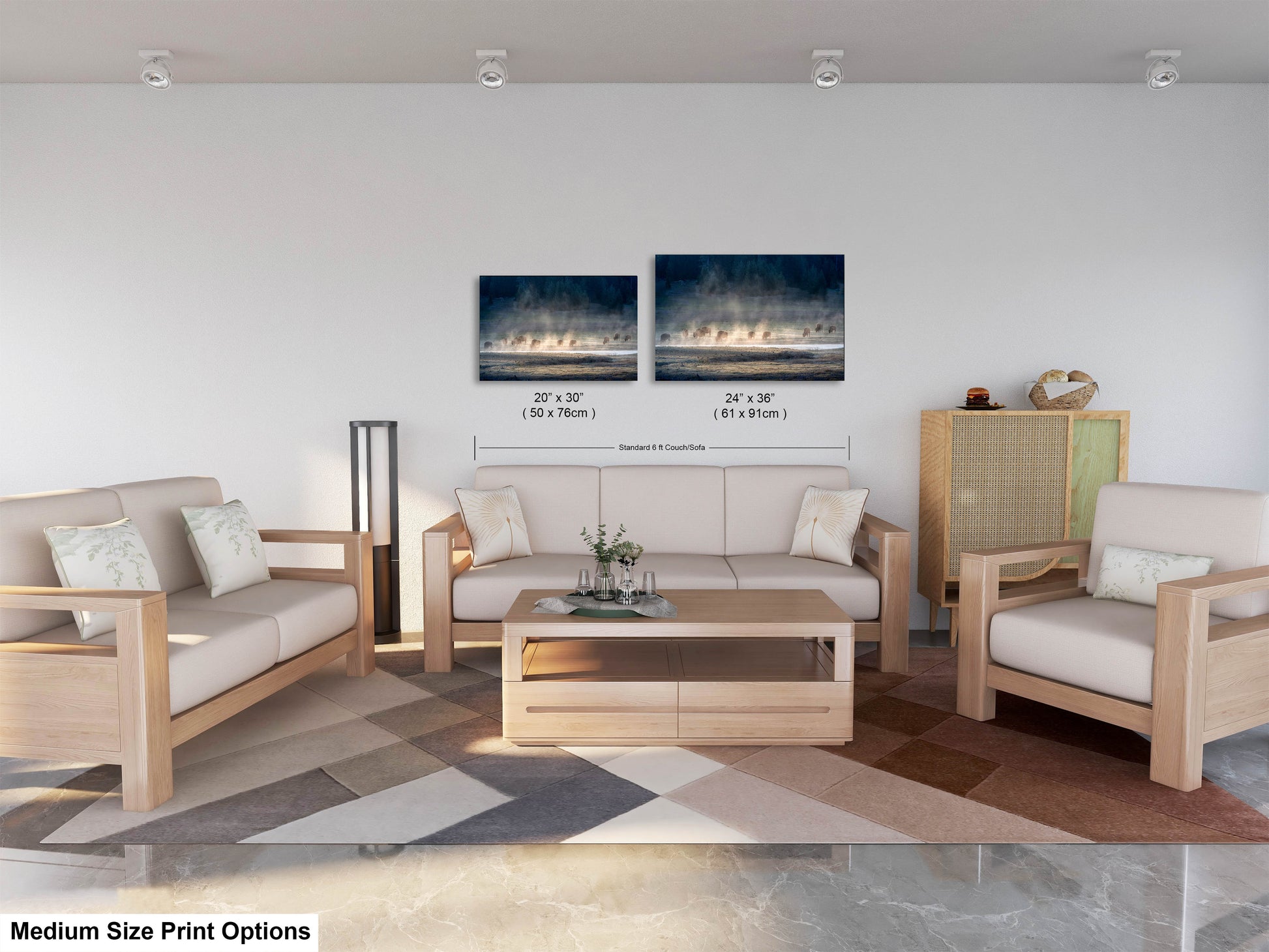 a living room filled with furniture and a painting on the wall