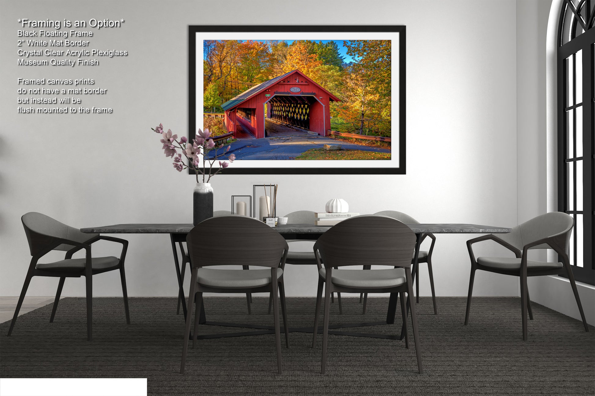 a painting of a covered bridge in autumn
