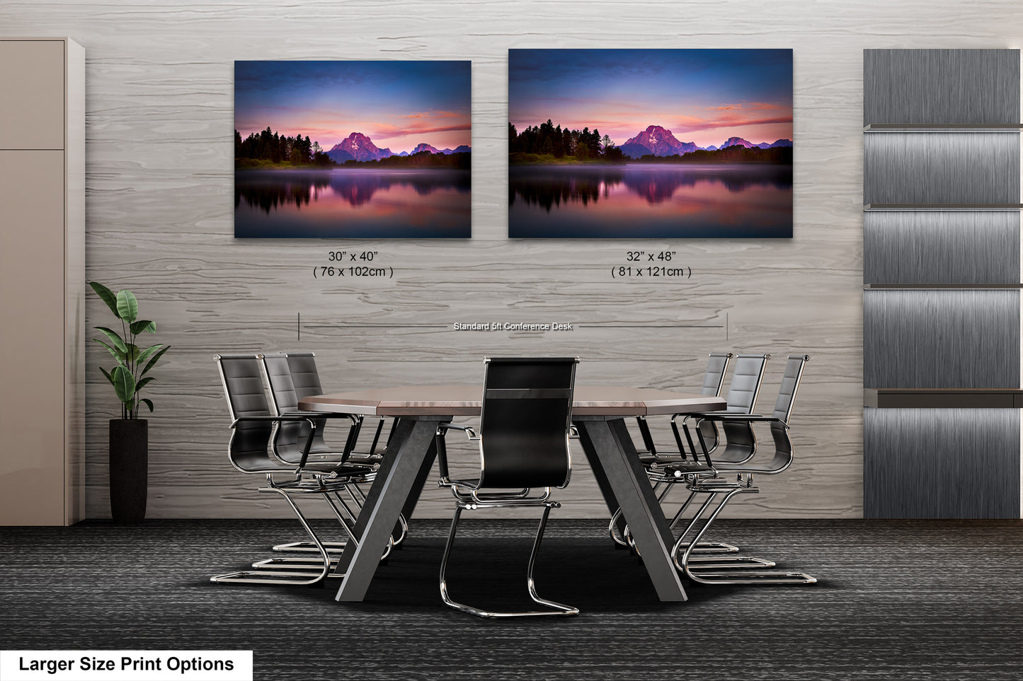 a dining room table with chairs and two pictures on the wall