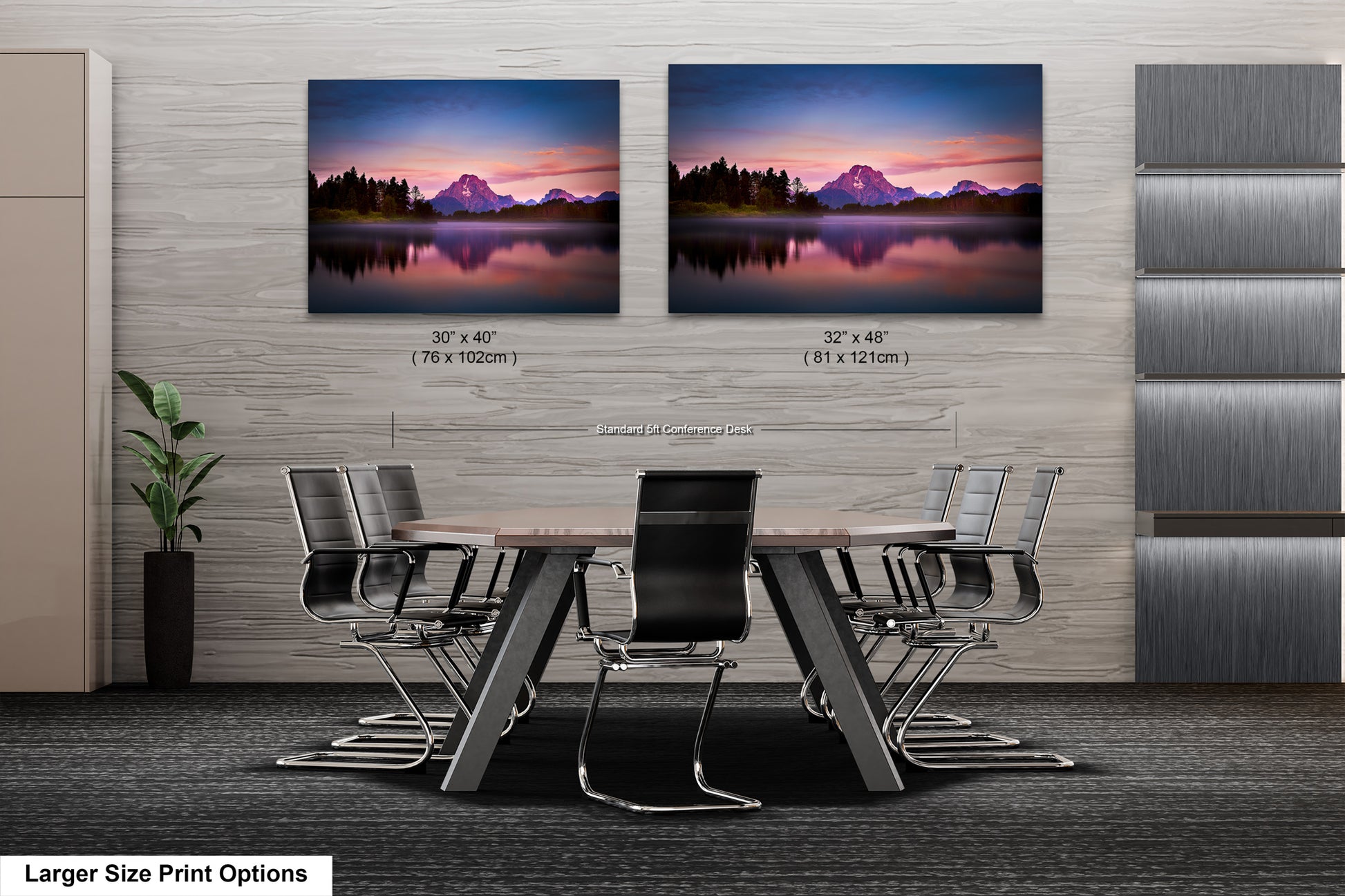 a dining room table with chairs and two pictures on the wall