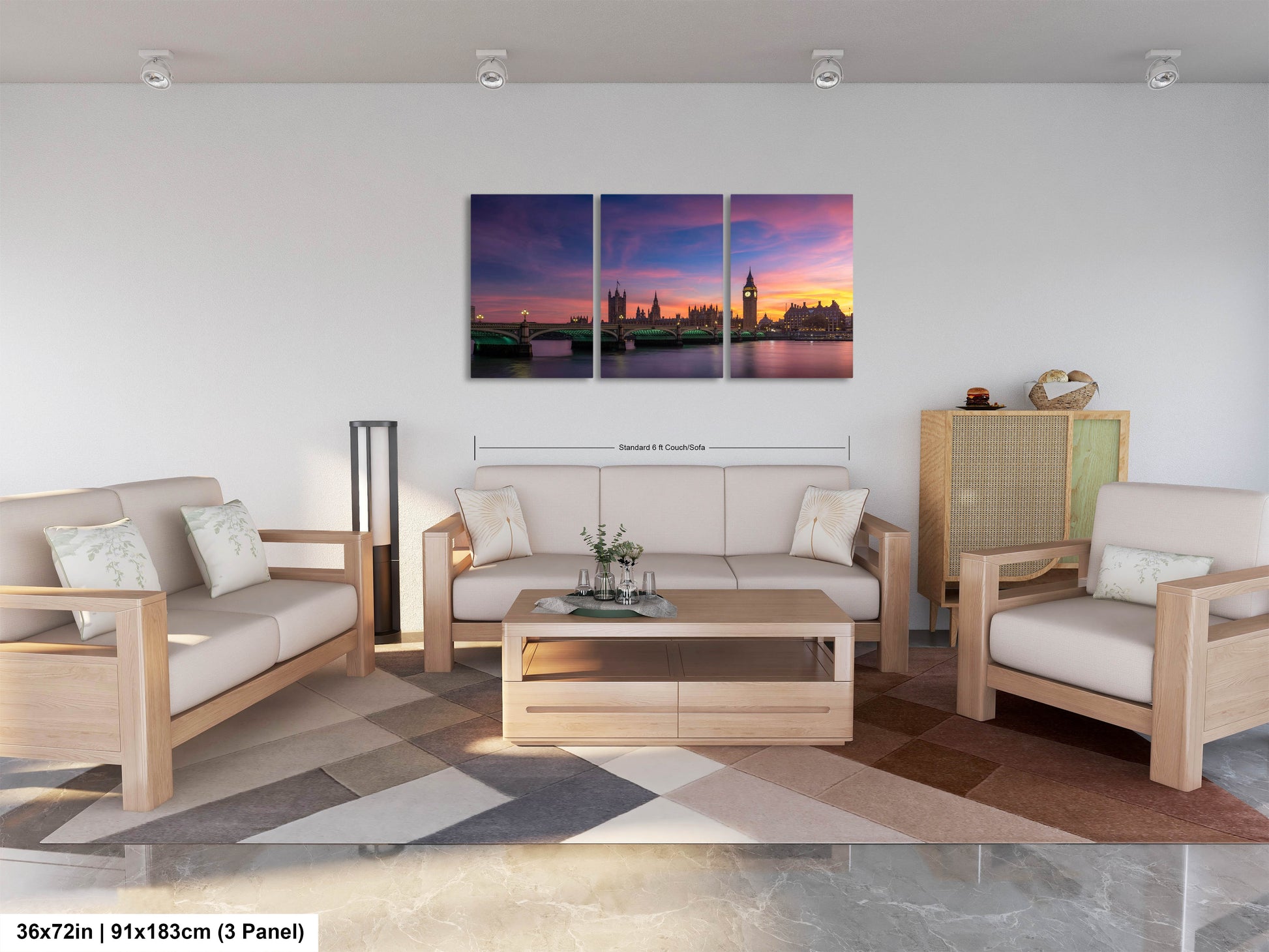 a living room filled with furniture and a painting on the wall