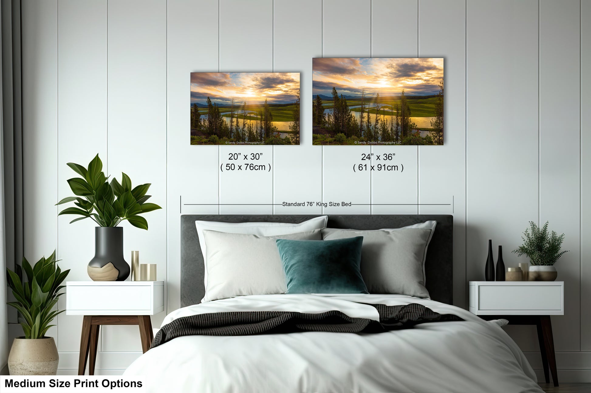 a bed room with a neatly made bed and two pictures on the wall